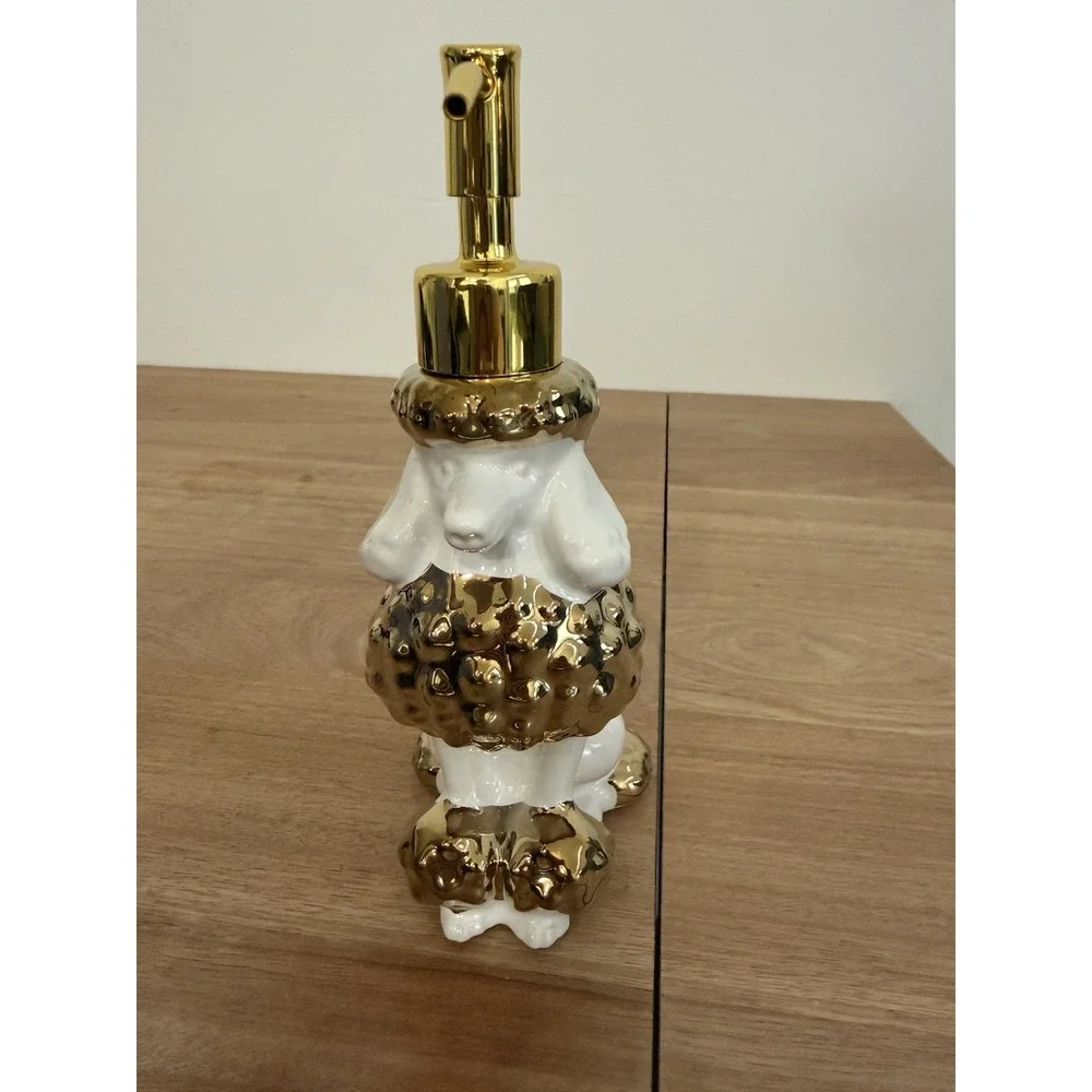 NEWHENGS Poodle Dog Ceramic Soap Lotion Dispenser Gold White w/ Box